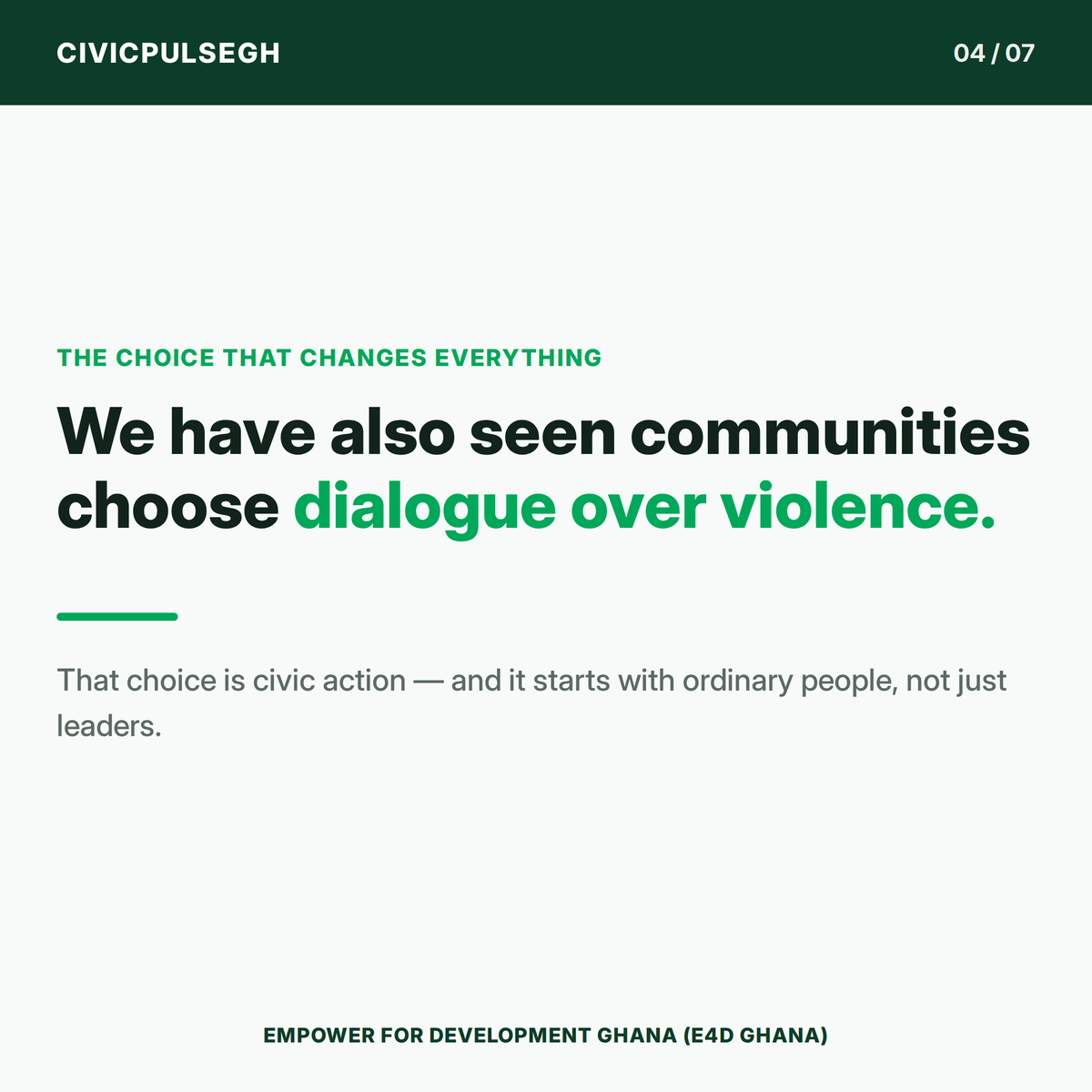 e4dghana's tweet photo. 🕊️ Peace is more than the absence of war.

True or positive peace means justice, equal opportunity, dignity and communities where everyone feels safe and respected.

(1/2)

#CivicPulseGH #Peacebuilding #PositivePeace #Ghana https://t.co/00jyw0CrjR