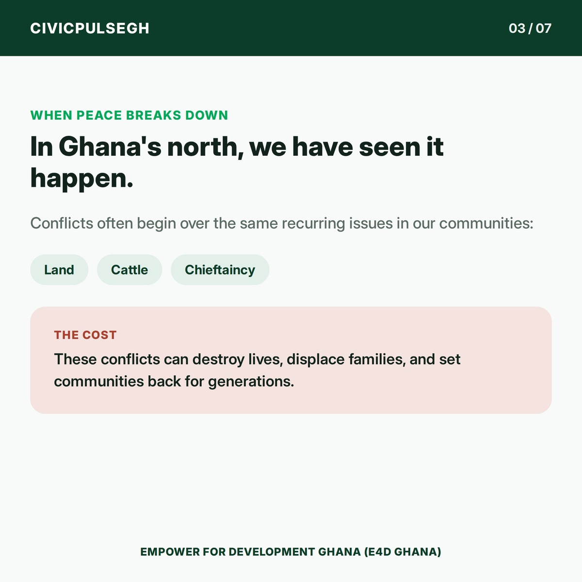 e4dghana's tweet photo. 🕊️ Peace is more than the absence of war.

True or positive peace means justice, equal opportunity, dignity and communities where everyone feels safe and respected.

(1/2)

#CivicPulseGH #Peacebuilding #PositivePeace #Ghana https://t.co/00jyw0CrjR