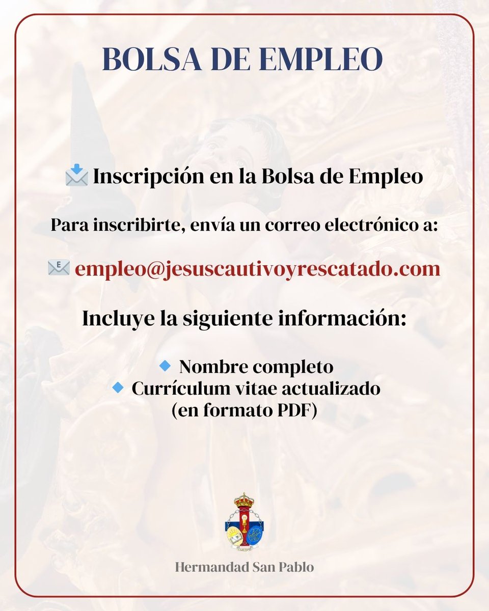 hdad_sanpablo's tweet photo. 🛠️ 𝐄𝐦𝐩𝐥𝐞𝐨 | Se requiere un puesto de PINTOR.

📩 Inscríbete en la Bolsa de Empleo enviando un correo a:
👉 empleo@jesuscautivoyrescatado.com
🔹 Nombre completo
🔹 CV actualizado en PDF

#SomosSanPablo https://t.co/xqwEYwqmYB