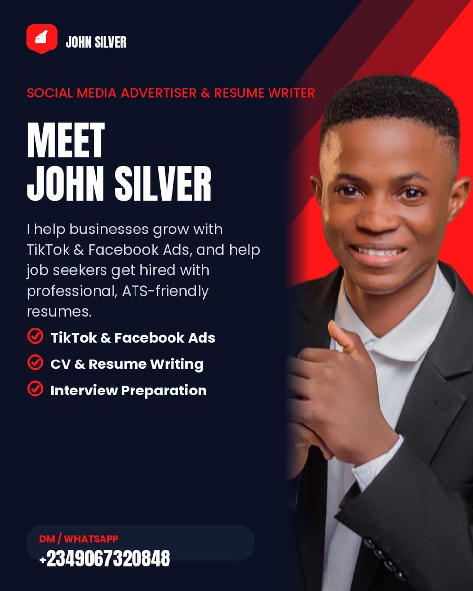JohnSilverpro's tweet photo. Hi Everyone , I'm John Silver 👋

I help businesses grow with TikTok &amp; Facebook Ads that convert, and help job seekers get hired with ATS-friendly resumes.

Two goals, same skill: making you impossible to scroll past.

DM to get started
+2349067320848

#TikTokAds https://t.co/mFv0tnVuQr