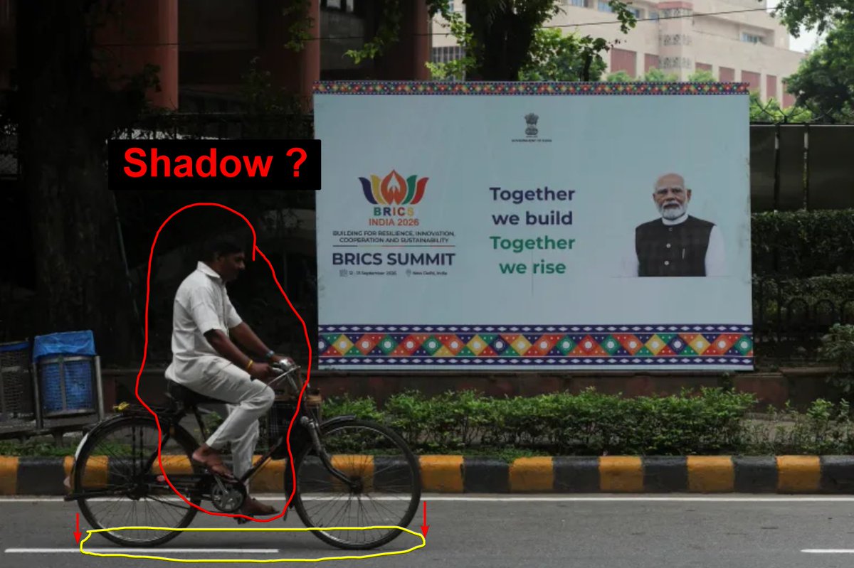 engineer_inside's tweet photo. Looks like Al-lundajeera is using ai images to defame india.

Shadow kaha hai BHAD-WAY ?  
Delhi me inko cycle chalate hue BRICS ke poster ke saamne se gujarte hue log itni assani se mil ja rahe hain...
waah re jihadio https://t.co/Gx8lc7QzYO