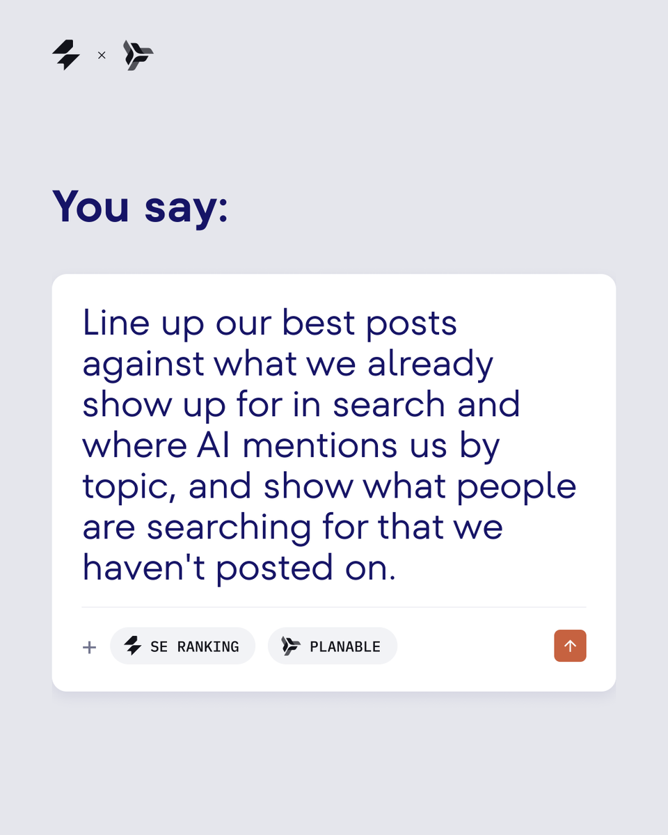 PlanableApp's tweet photo. Your comments section is the smallest sample of your audience you'll ever look at.

Most content calendars get built from it anyway. What performed last month, what someone replied to, what the team has a feeling about.

Meanwhile the same people are typing full questions about your topic into Google and into ChatGPT. That demand lives in a completely different dataset, and it never makes it into the social plan.

So we connected the two.

Planable's MCP brings your top-performing posts, grouped by topic. @SERanking's MCP brings what people search for and where AI answers mention you, for those same topics. Claude lines them up and renders a board you can open in a planning meeting.

What comes out of it is two lists.

Topics people search every month that your social has never covered. And topics your posts caught before the search data did, which is the part nobody measures.

One tells you what to claim. The other tells you what to scale.

You don't need a new reporting habit for this. You need your social data and your search data in the same sentence for once.

Click to get the skill for free: https://t.co/i4EZUkCKJN