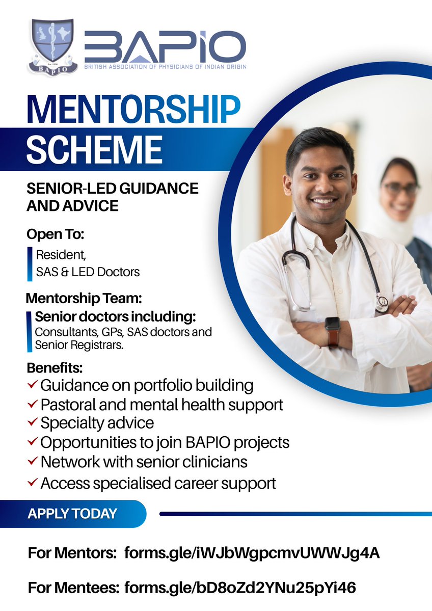 BAPIOUK's tweet photo. Join the BAPIO Mentorship Scheme today!

✅ Open to Resident, SAS &amp; LED doctors

✅ The benefits include specialty career advice from senior doctors, mental health support, guidance on portfolio building, and more!

#mentorship #careerbuilding #wellbeing https://t.co/6xlcb9RSXZ