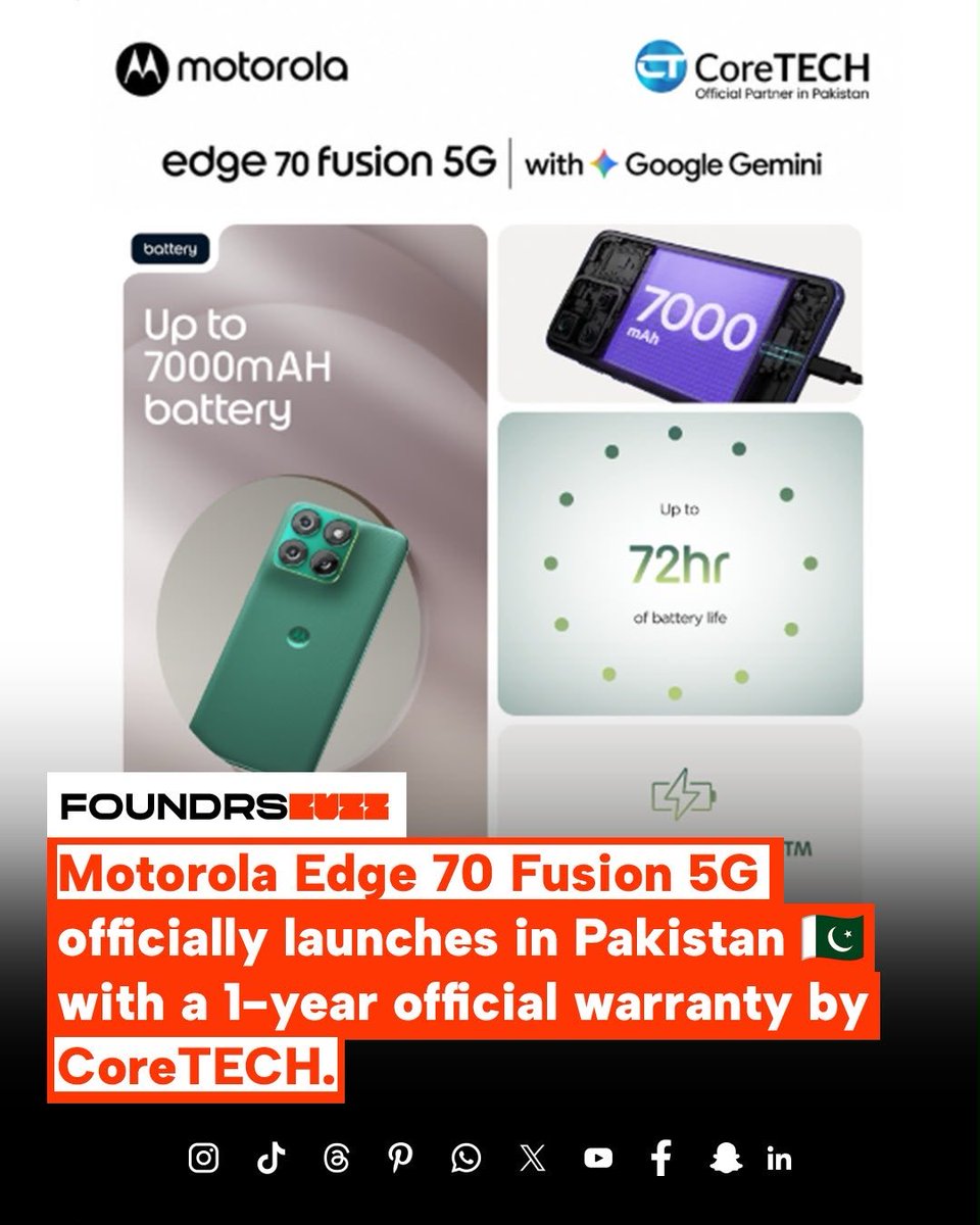 foundrsbuzz's tweet photo. Motorola has launched its Edge 70 Fusion 5G smartphone in the Pakistani market, with 1-year official warranty coverage by CoreTECH.

Follow @foundrsbuzz for more updates on business, startup &amp; tech ecosystem.

#foundrsbuzz #motorola #Motorola #coretech #technews #fypageシ https://t.co/lb8Y5XAoQe