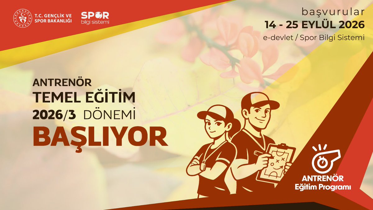 GSBsporgm's tweet photo. 📢2026'nın Üçüncü Antrenör Temel Eğitim Programı başvuruları bugün başlıyor 
 
Anadolu Üniversitesi Sürekli Eğitim Uygulama ve Araştırma Merkezi tarafından uzaktan eğitim modeli ile yürütülen eğitim programı başvuruları, 14-25 Eylül 2026  tarihleri arasında e-Devlet Kapısı-GSB-Spor Bilgi Sistemi üzerinden gerçekleştirilecek. 
 
Başvurusu onaylanan adayların, 5-23 Ekim 2026  tarihleri arasında Anadolu Üniversitesi Aday İşlemleri Sistemi’ne (https://t.co/QG5sMOcrIP) giriş yaparak sınav kaydı oluşturmaları gerekiyor. 
 
2026/3 dönemi Antrenör Temel Eğitim Programı’na ilişkin detaylara aşağıdaki link üzerinden ulaşmak mümkün.👇🏻 
 
https://t.co/OeUTTTJwcF