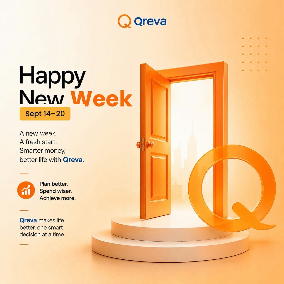 qreva_'s tweet photo. Happy New Week! 🧡✨

New week. New opportunities. New goals.

Plan better. Spend wiser. Achieve more with Qreva.

Here’s to a financially smarter and more successful week ahead! 🧡 https://t.co/estd8LiNAK
