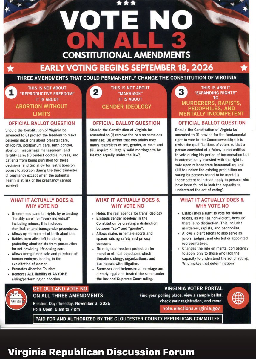 VaNewsVanguard's tweet photo. 🚨VIRGINIANS, VOTE NO -- 3 TIMES!🚨
🇺🇸EARLY VOTING BEGINS Friday, Sept. 18! Please share!🇺🇸

🚫Vote NO on the THREE extremist state constitutional amendments on the Virginia ballot:

 From https://t.co/Da6StBKs1a:
Guiding Principles of Constitutional Change

"Constitutions, state and federal, are documents that should guide our decision making. They should only be amended by careful review and scrutiny. Most matters of conflict are decided by law and should never rise to the level of changing the constitution.

"The constitution provides the fundamental principles that provide government stability and protect minority rights from the political power of one party. To change the United States Constitution, it requires ratification by two-thirds of the states. To change the Constitution of Virginia, it requires a simple majority. The threshold in Virginia is low to change the Constitution. This has created a quagmire in which one-party rule is trampling on the rights of the minority.

"The proposed amendments specifically target the vulnerable: preborn children, minors, parents, religious organizations, people of faith, people with deeply held convictions, victims of human trafficking, victims of crime, those seeking to maintain protection for sex separate spaces, and voter representation in Congress.

"Decisions to amend the constitution should not be snap decision made in special sessions of the General Assembly when a majority of the voters have not had time to review or understand the implications of the amendment. This is what occurred in Virginia when a special session was called the week prior to the November 2025 election. This session was called specifically to pass the redistricting amendment so that it could be voted on for a second time by the 2026 General Assembly.

"Changing the constitution frequently degrades its value. Rather than focusing on the guiding principles of the constitution to make law, the constitution becomes ordinary, something that can be changed without serious forethought. Its authority is lost. It is no longer a guiding structure but simply a document that can be changed by the will of the ruling party. This is tyranny. The foundational document designed to specifically protect the minority becomes a worthless piece of paper controlled by the ruling class."

Sponsored by the Virginia Medical Freedom Alliance:
Find more information here:
https://t.co/Da6StBKs1a