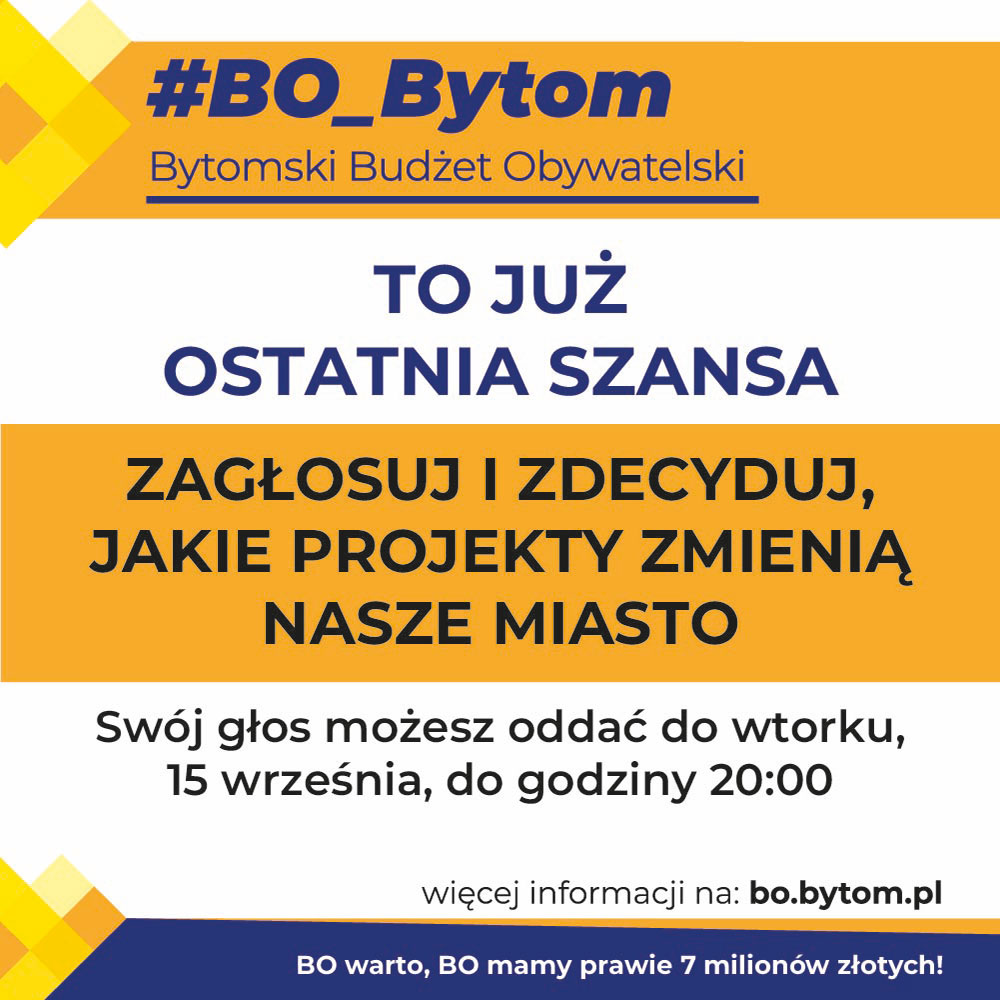 mariuszwolosz's tweet photo. #BO_Bytom – głosujemy!
Jeszcze tylko do wtorku 15 września możecie oddać głos w Bytomskim Budżecie Obywatelskim.
Głosowanie trwa do godz. 20. To Wy decydujecie, które z 36 zgłoszonych projektów zostaną zrealizowane.
Głosujemy na stronie https://t.co/oe2wKWZnf6 https://t.co/iml4cTPb3w