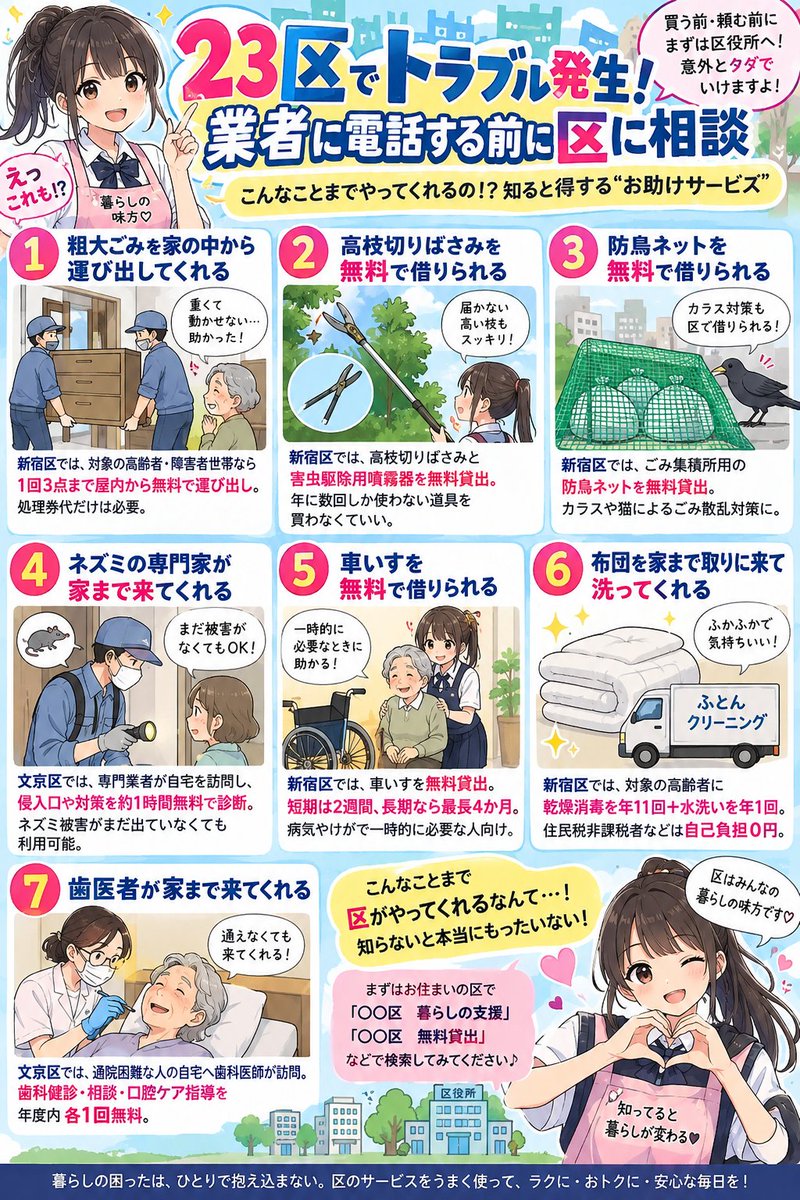 CmKaikei's tweet photo. ピピピーッ、東京23区警察です👮

生活トラブルは業者に電話する前に区へ相談🥴

蜂の巣・害獣・防犯機器・耐震改修もOK💁‍♀️

防鳥ネット、ネズミ診断、車いす貸出まで。

業者に頼む前に区役所に電話☎️

https://t.co/CW84mP73hn https://t.co/tQRRDbUY7A