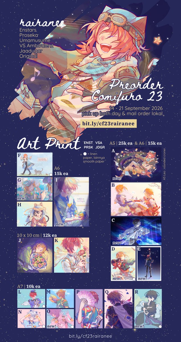 raira_nee's tweet photo. 「Preorder CF23 rairanee」
♡🔃-nya terima kasih! .𖥔 ݁

⟡ pick up both day (booth TBA)
⟡ mail lokal manual
⟡ PO: 14 - 21 September 2026
⟡ Ensemble Stars, Project Sekai, VS Ambivalenz, Uma Musume, Tenmaku no Jaadugar, original

#cf22catalog
↓ link di image dan reply ↓ [1/2] https://t.co/HpFOPu4TMs