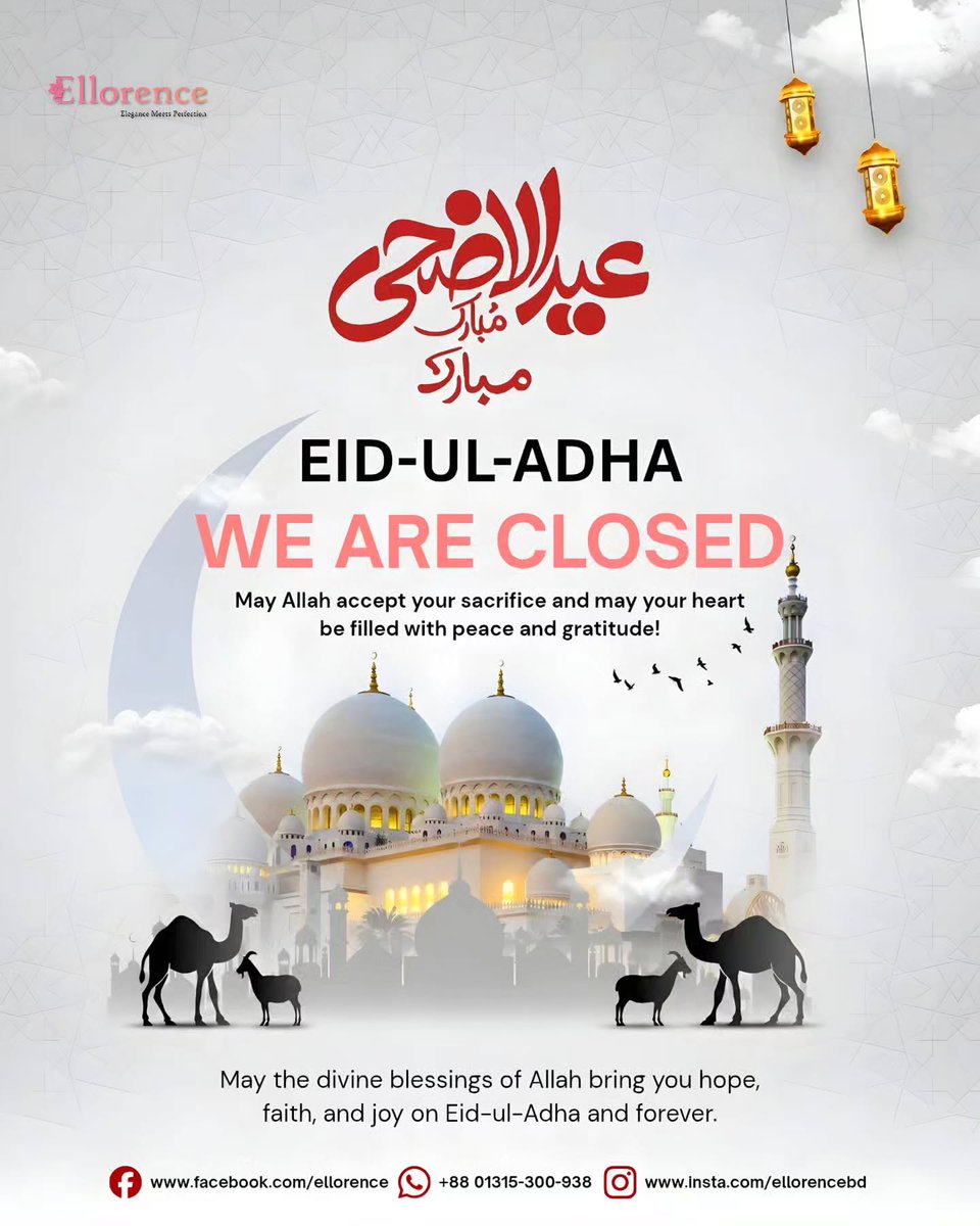 BrittaSumaran's tweet photo. Eid Mubarak from the Ellorence Family. We are closed for Eid-ul-Adha. May Allah accept your sacrifices and fill your heart with peace, joy, and blessings. Reopening 1 June. Online orders remain active. https://t.co/aTDx39NAyq