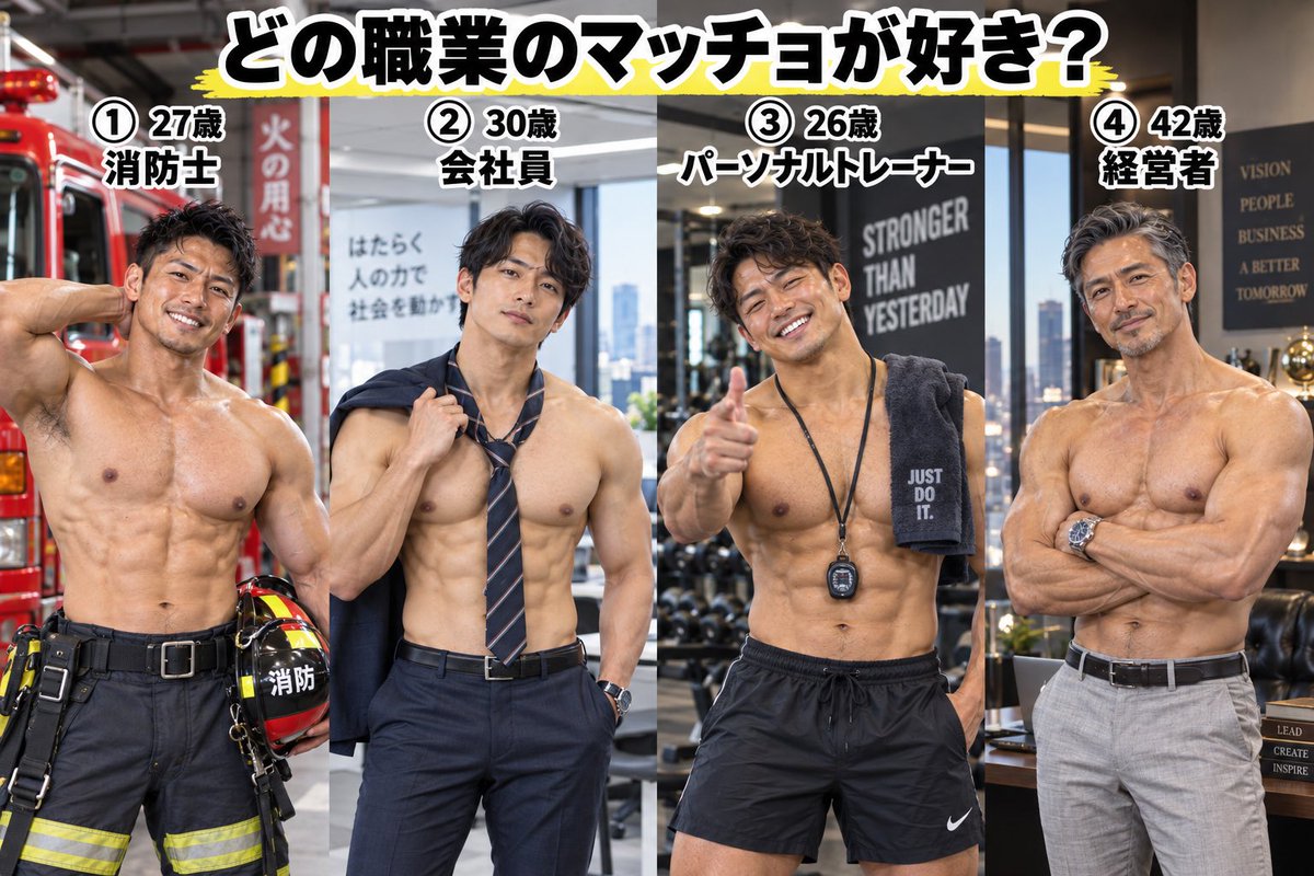 fashion_akanuke's tweet photo. どの職業のマッチョがタイプ？
リプ欄で教えて！

#筋トレ #筋肉 https://t.co/NY3MtVzqPi