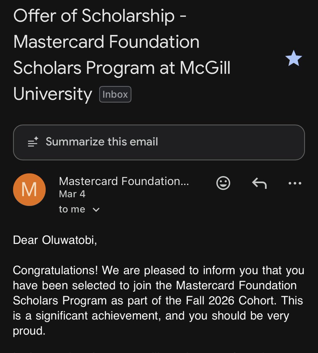 Oluwatobi_dee's tweet photo. 2026 McGill @MastercardFdn Scholar!💃😌

I won this scholarship on my third attempt.

Don’t give up!

From Oyo Alaafin to @Montreal, Quebec. 🇳🇬🇨🇦

From @lautechofficial to @mcgillu.

Of Him, through Him, and to Him be all the glory! 

Thank You, JESUS! ❤️🤭 https://t.co/Kege2snE5y