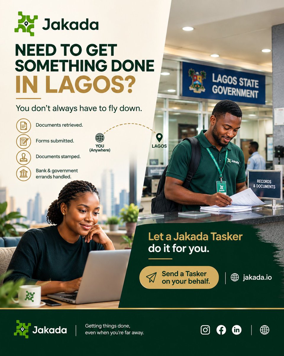 jakadaHQ's tweet photo. Need a document retrieved, submitted or stamped in Lagos?

Need someone to handle a physical bank or government errand?

You don't always need to fly down.

Send a Jakada Tasker on your behalf.

Anywhere →Lagos

https://t.co/oqTdsVb0El

#Jakada #DiasporaNigerians https://t.co/9XD0yAIFw3