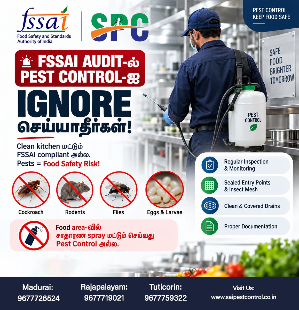 spc_madurai's tweet photo. 🔍 FSSAI Pest Control Services in Madurai, Rajapalayam &amp; Tuticorin
FSSAI Audit-க்கு Pest Control-ஐ Ignore செய்யாதீர்கள்! 🚨
Clean Kitchen மட்டும் போதாது — Pest-Free Food Area தான் Food Safety-யின் முக்கிய அடிப்படை! 
#FSSAIPestControl #FSSAICompliance #PestControlMadurai https://t.co/wlHzHHcjsf