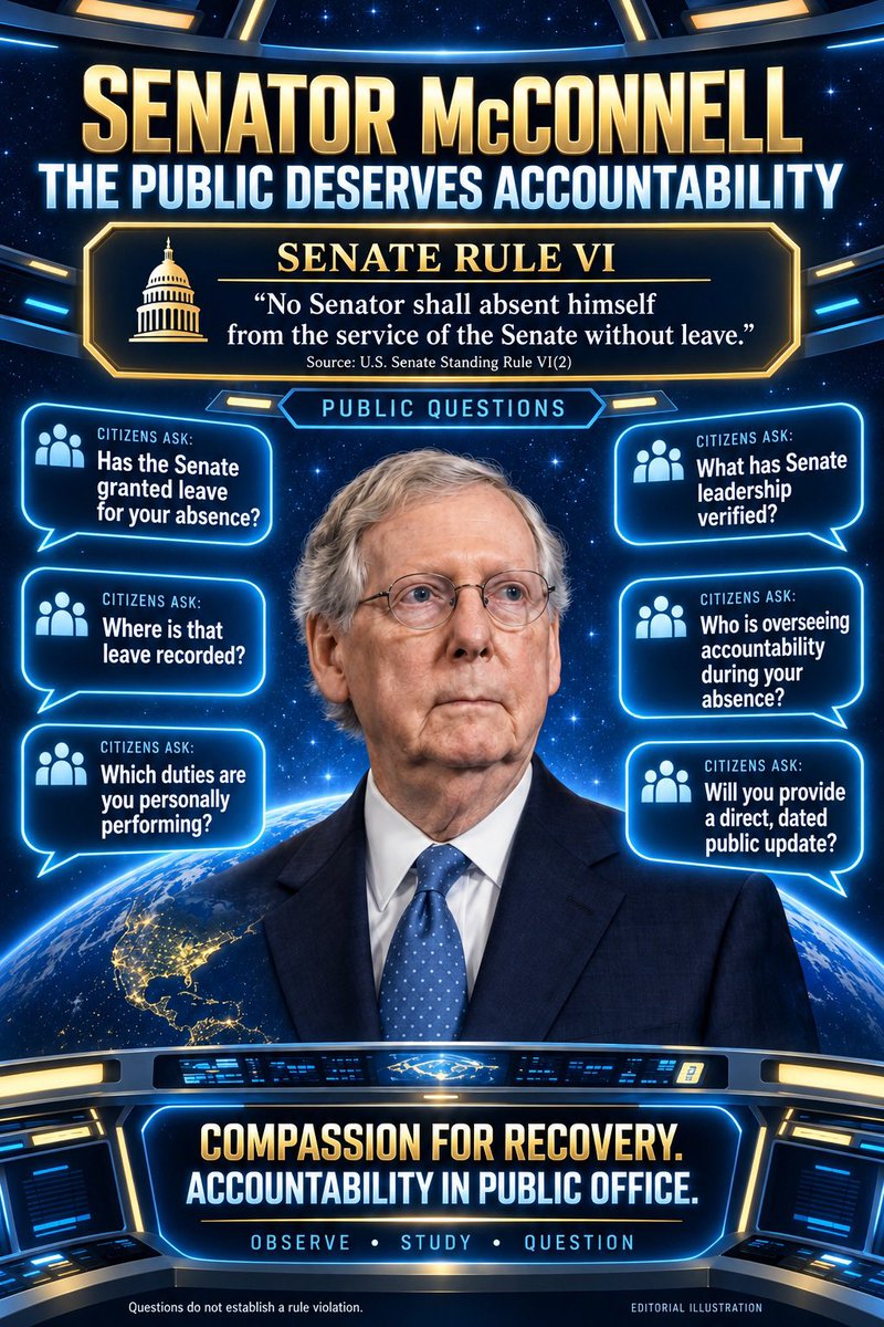 DrJeffHorelick's tweet photo. The Daily Beast identifies the public demand for answers, but overlooks the central institutional issue. Senate Standing Rule VI states that “No Senator shall absent himself from the service of the Senate without leave,” while Article I, Section 5 of the Constitution authorizes the Senate to compel attendance and discipline its members.

There is also precedent. After Senator Karl Mundt suffered a debilitating stroke in 1969, Senate leaders intervened and removed him from his committee assignments. Therefore, the question extends beyond demanding a “proof-of-life” photograph or video: Why has Senate Majority Leader John Thune not publicly explained whether McConnell’s prolonged absence was formally authorized, whether McConnell remains capable of directing his office, and what institutional action the Senate is taking? The American people deserve transparency and accountable representation.