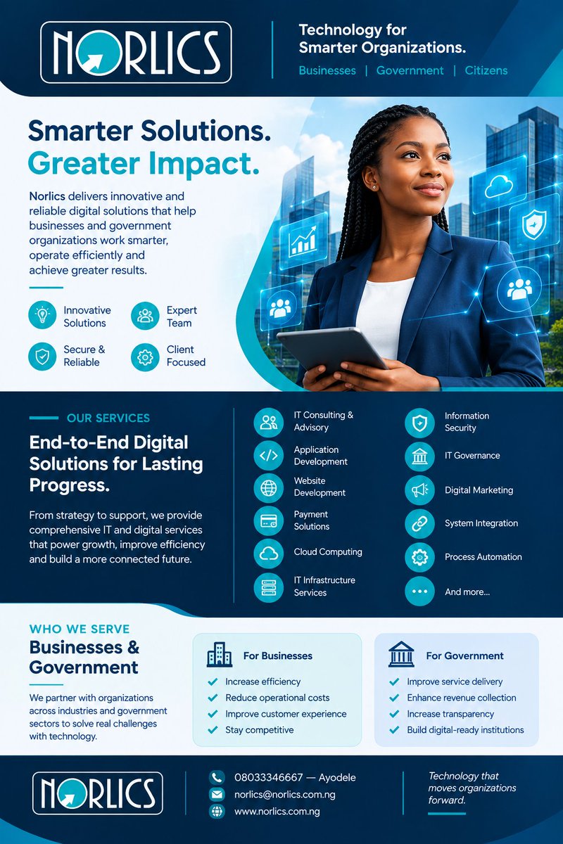 norlics20125's tweet photo. Smarter technology. Better outcomes. 🚀

Norlics delivers digital solutions for businesses and government organizations.

#Norlics #DigitalSolutions #ITSolutions #DigitalTransformation #NigeriaTech #BusinessTechnology #GovernmentTechnology https://t.co/OlELZziKjp