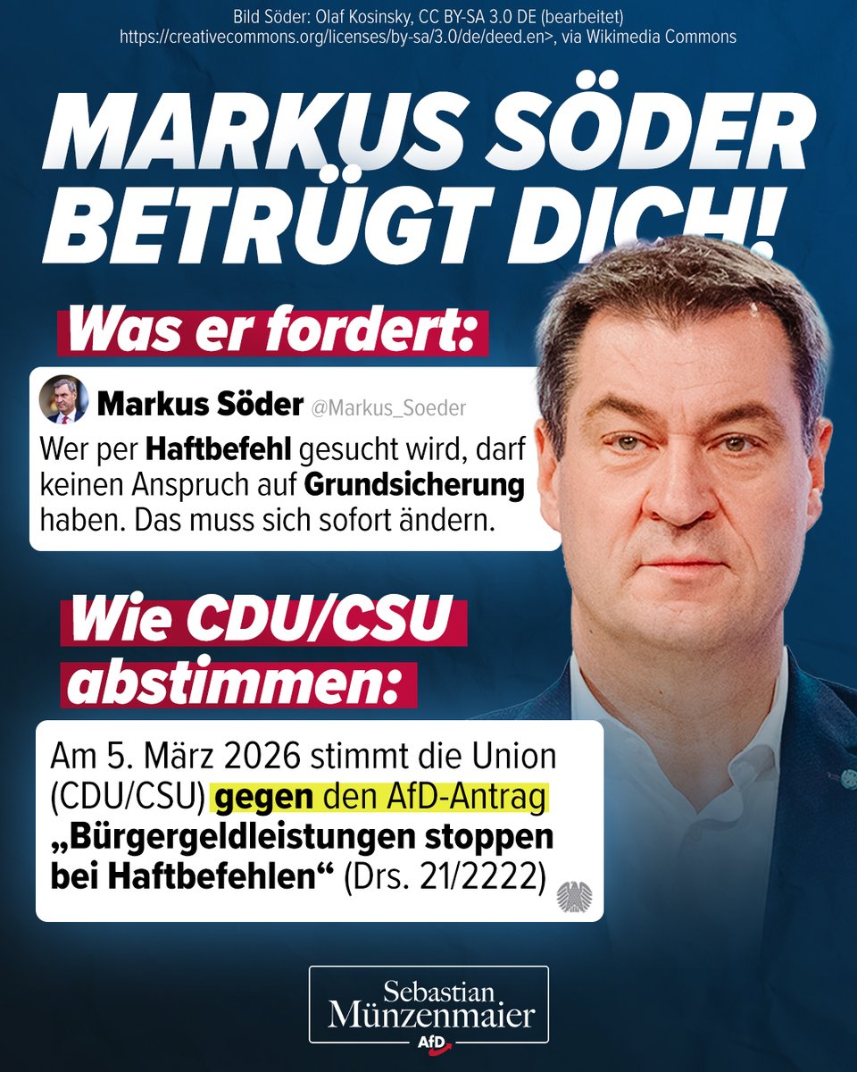 S_Muenzenmaier's tweet photo. Ein typischer Söder: Viel in der Presse fordern, im Bundestag stimmen CDU/CSU genau gegenteilig ab. Fallt nicht auf diesen Blender rein!

TM https://t.co/CHfTYyuUmx
