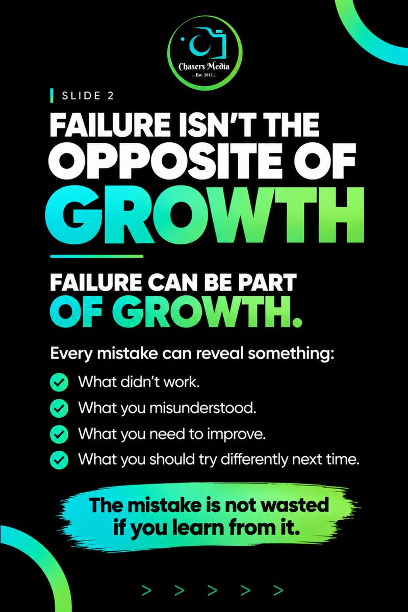 ChasersMedia001's tweet photo. Failure isn’t the end. Sometimes, it’s feedback.
You tried. It didn’t work. Learn why, adjust, and try again.
Don’t let one failed attempt become the reason you stop pursuing what you’re capable of.
Fail. Learn. Adjust. Grow.
#ChasersMedia #GrowthMindset https://t.co/3xBphFdL8V