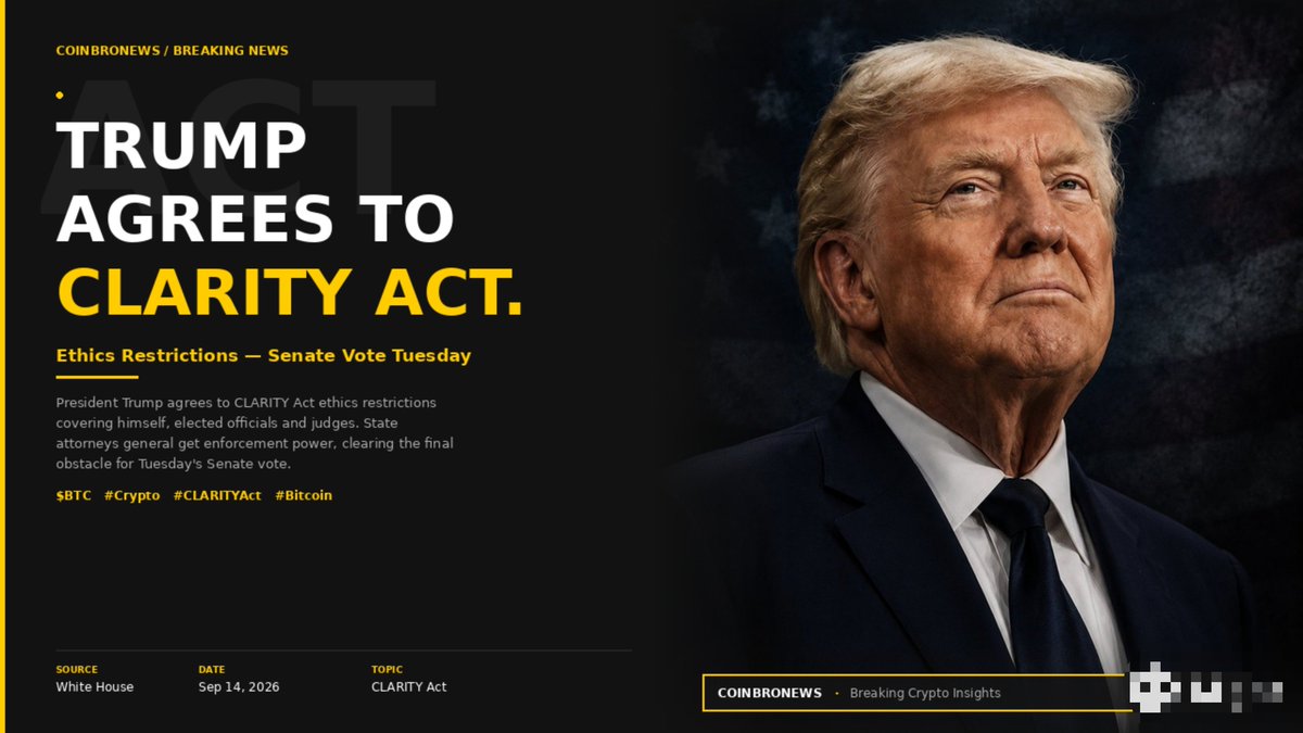 coinbroid's tweet photo. JUST IN: President Trump agrees to CLARITY Act ethics restrictions covering himself, elected officials and judges.
State attorneys general get enforcement power, clearing the final obstacle for Tuesday’s Senate vote.
$BTC https://t.co/GhBwUxlv4e