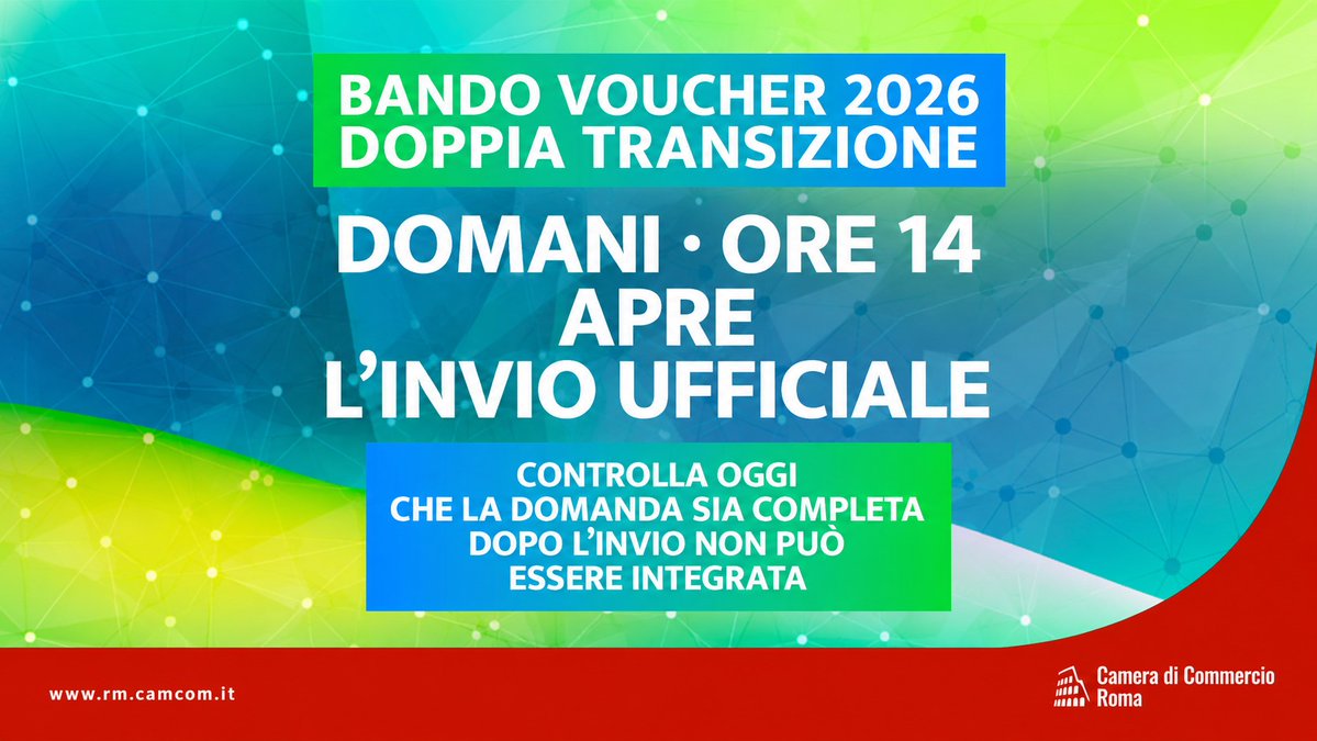 camcomroma's tweet photo. 📅 Domani, martedì 15 settembre, alle ore 14.00, si apre ufficialmente la fase di invio delle domande per il Bando Voucher Doppia Transizione 2026 della Camera di Commercio di Roma.

🔎 Oggi è importante effettuare un ultimo controllo della documentazione: verificare che tutti gli allegati richiesti siano stati correttamente caricati, che le firme digitali siano valide e che i preventivi presentati siano completi e conformi a quanto previsto dal Bando.

⚠️ Si ricorda che, una volta effettuato l’invio, la domanda non potrà essere integrata. È quindi fondamentale accertarsi preventivamente della completezza e della correttezza di tutta la documentazione.

✅ Consulta cosa verificare prima dell’invio ⤵️ 

https://t.co/Ij0x8qOTQG