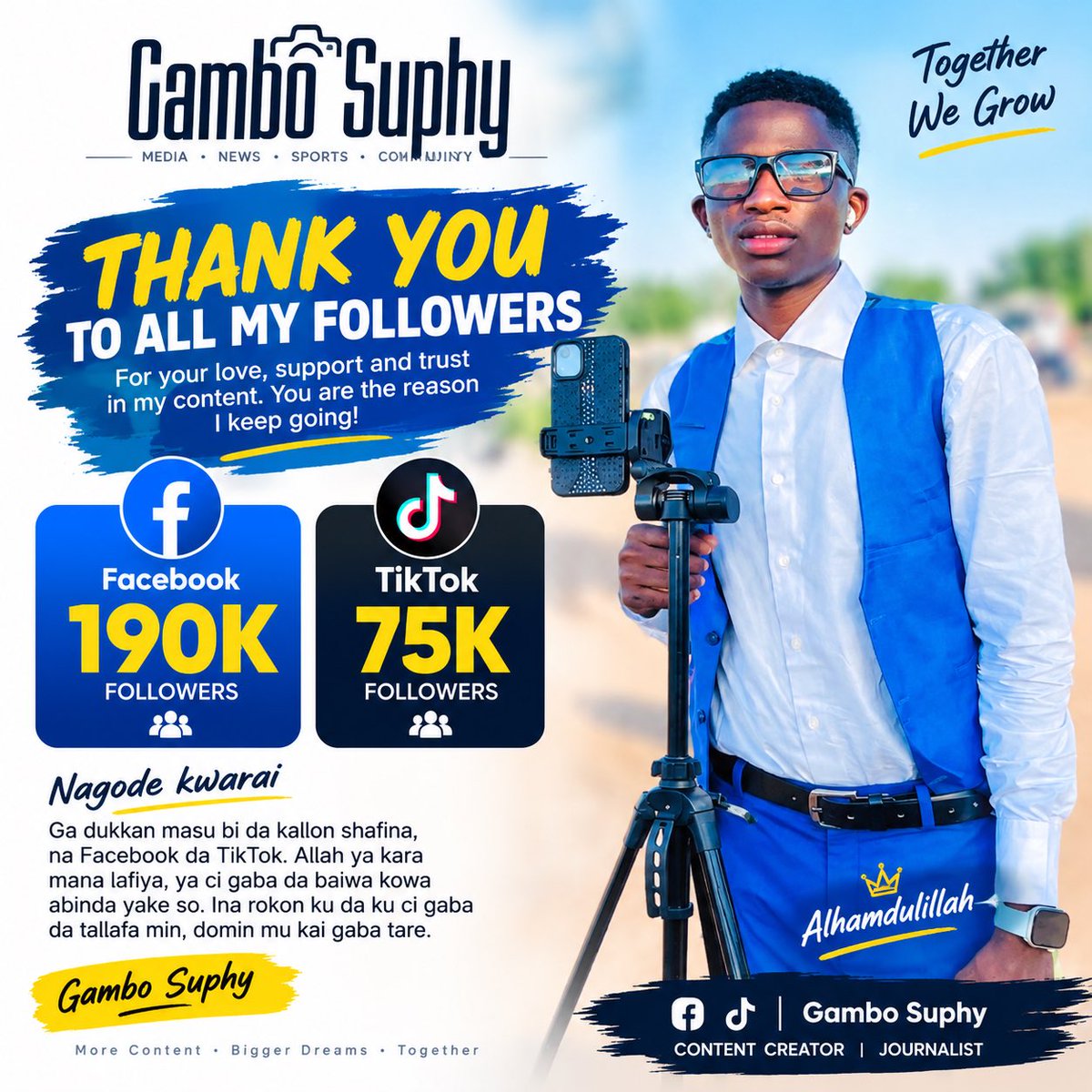 Gambosuphy's tweet photo. 🎉 ALHAMDULILLAH! 190K A FACEBOOK, 75K A TIKTOK! 🎉

A yau ina cike da farin ciki da godiya ga Allah bisa wannan babbar nasarar da muka samu. ❤️🙏

190,000 Followers a Facebook
75,000 Followers a TikTok 🎊🔥

Nagode sosai mabiyana https://t.co/2TvO3K1AuI