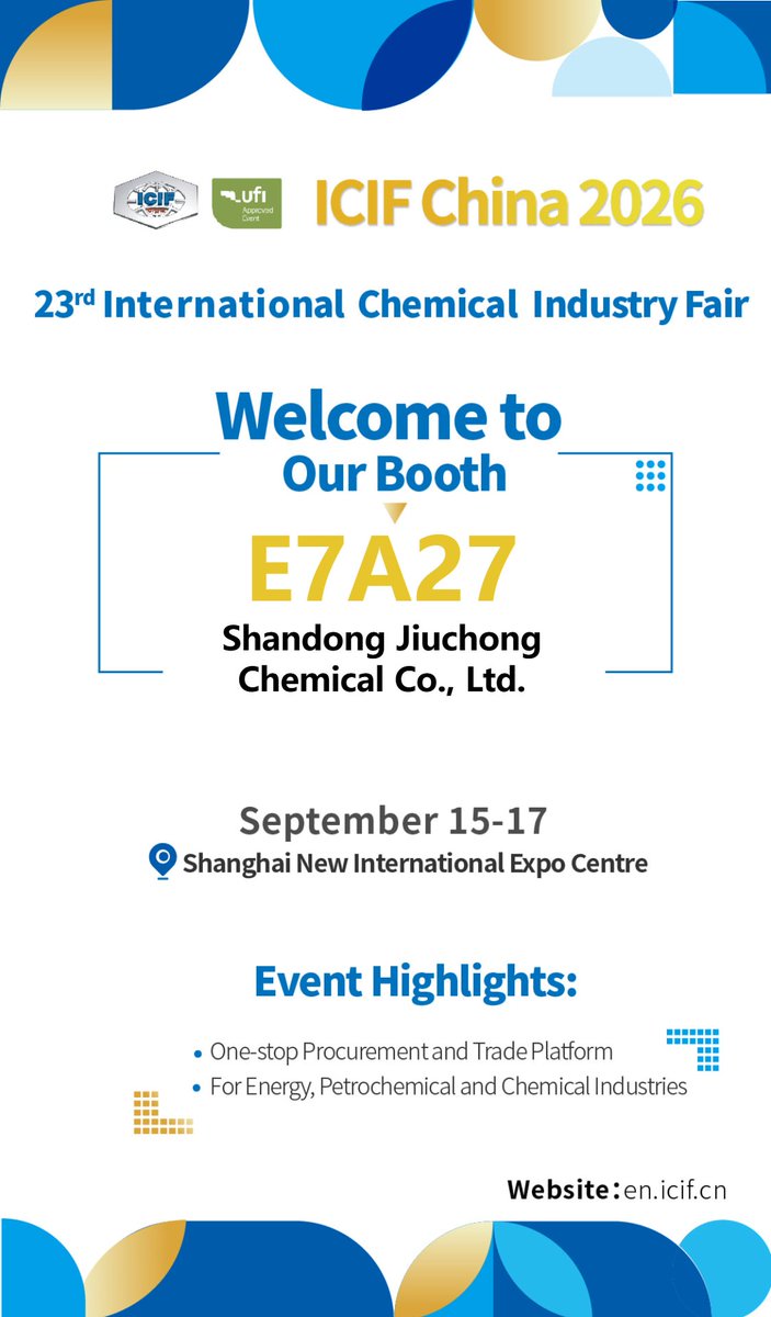 Nicole6jac's tweet photo. 📢展会邀请｜第二十三届中国国际化工展览会 ICIF China 2026

Shandong Jiuchong Chemical sincerely invites you to visit our booth **E7A27** at the 23rd International Chemical Industry Fair (ICIF China 2026)!

📅 Date: Sep 15‑17, 2026
📍 Venue: Shanghai New International Expo Centre https://t.co/R185dJcqt8
