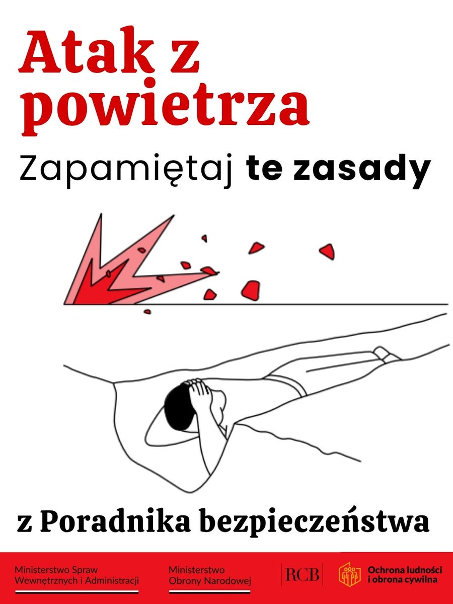 MSWiA_GOV_PL's tweet photo. 🚨 Słyszysz alarm? Nie panikuj. Działaj według planu.

▫️idź ustaloną wcześniej drogą ewakuacyjną,
▫️zabierz plecak ewakuacyjny,
▫️wybierz schody zamiast windy,
▫️udaj się do miejsca schronienia – najlepiej bez okien, z grubymi ścianami i stropem oraz wyjściem awaryjnym.

💥 Jeśli eksplozja zaskoczy Cię na otwartym terenie – padnij, najlepiej w zagłębieniu, i osłoń głowę.

📱 Nie przeciążaj sieci – w razie potrzeby korzystaj z SMS-ów. I pamiętaj o innych: sprawdź, czy ktoś obok nie potrzebuje pomocy.

📖 Więcej zasad znajdziesz w „Poradniku Bezpieczeństwa”, str. 30.