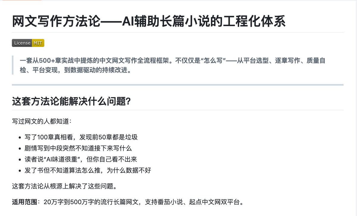 shenxiankk's tweet photo. AI写小说总是一股AI味、算法不推、数据还难看，到底该怎么破？

有位大佬用AI写了500多章，把踩过的坑总结成一套实战框架，爆款规则、质量控制、平台优化、变现策略都给你安排上了

GitHub🔗：https://t.co/miF57cd4LM https://t.co/nDcYKd4HyU