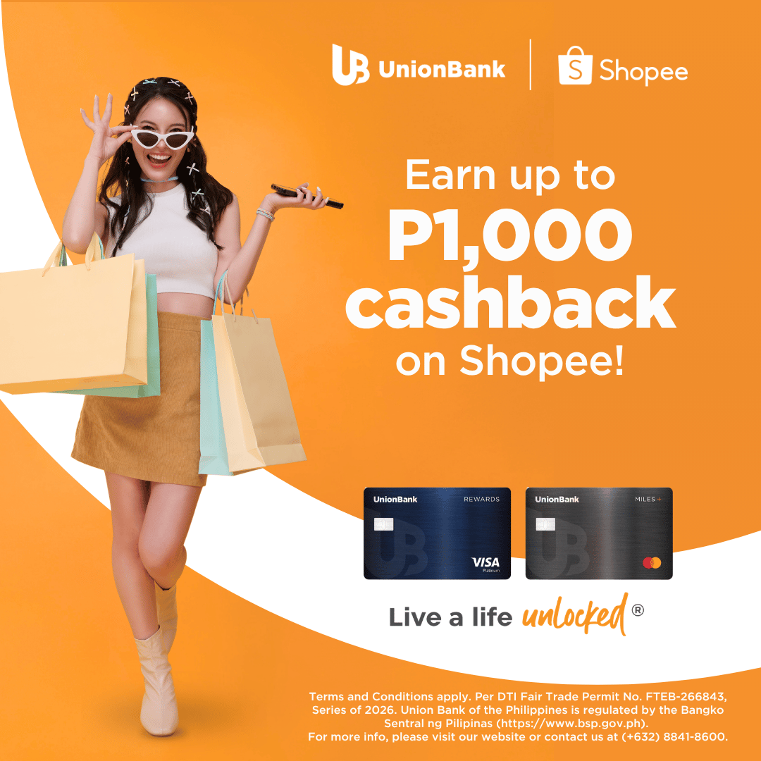 unionbankph's tweet photo. 🛍️ Payday just got more exciting! Earn up to P1,000 cashback when you shop on Shopee with your UnionBank Credit Card.​
​
Get P250 cashback for every P5,000 accumulated straight spend during these payday periods:​
- September 14-15, 2026​
- September 29-30, 2026​
- October 14-15, 2026​
- October 29-30, 2026​
​
Offer can be availed of 1x per payday period, for a total of four (4) cashbacks or P1,000. No minimum spend required per transaction. ​
​
Register now at https://t.co/7i7d78GYp7 using the code received via Viber/EDM and join the Shopee Payday Rewards promo until October 30, 2026. ​
​
For more info, visit https://t.co/pwAszNjgUK.​ Terms & Conditions apply. Per DTI Fair Trade Permit No. FTEB-266843, Series of 2026.​
​
Union Bank of the Philippines is regulated by the Bangko Sentral ng Pilipinas (https://t.co/1yGSaMMzDA). For more info, please visit our website. For any concern, you may contact us through our UnionBank Online app (Mailbox > Support > Create New Ticket) or our Customer Service Hotline at (+632) 8841-8600.