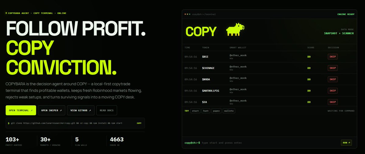 COPYBARA_RH's tweet photo. COPYBARA update is LIVE

CopyTrade now tracks real wallet behavior, detects first movers, measures consensus speed, and scores tracked wallets in real time.

> https://t.co/FjAKoBTtYn

2+ tracked wallets buying the same token = real $COPY consensus.

Sniper + CopyTrade now work as one system.

0xac79255f6f404eba14f316e8669d76573a2d7b1e