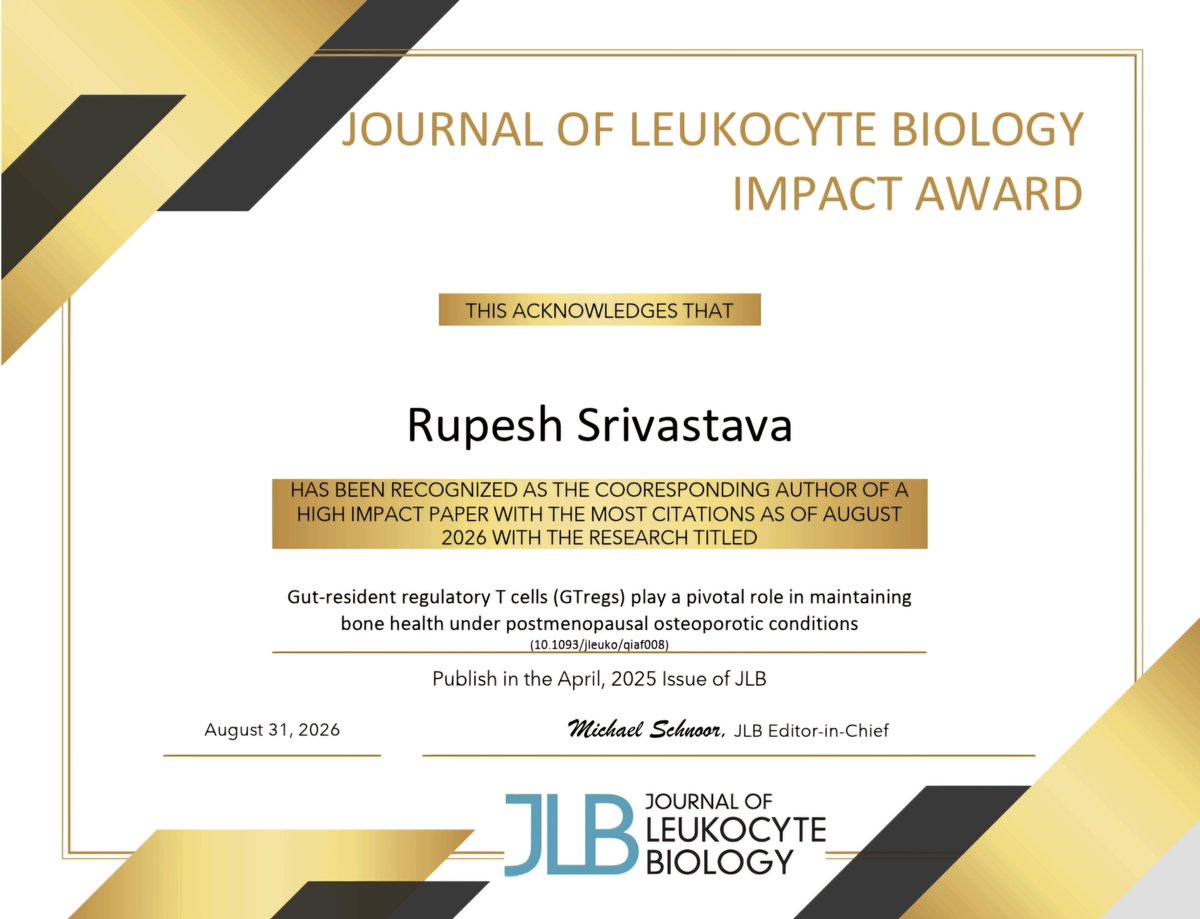 TIOILAIIMS's tweet photo. I’m thrilled to announce that our latest research, published in the Journal of Leukocyte Biology! has been selected for the prestigious JLB Impact Award, recognizing our contribution to the field #Research #Immunology #BoneHealth #Science #Award 🔬✨🏆 https://t.co/LbeOhE3r43