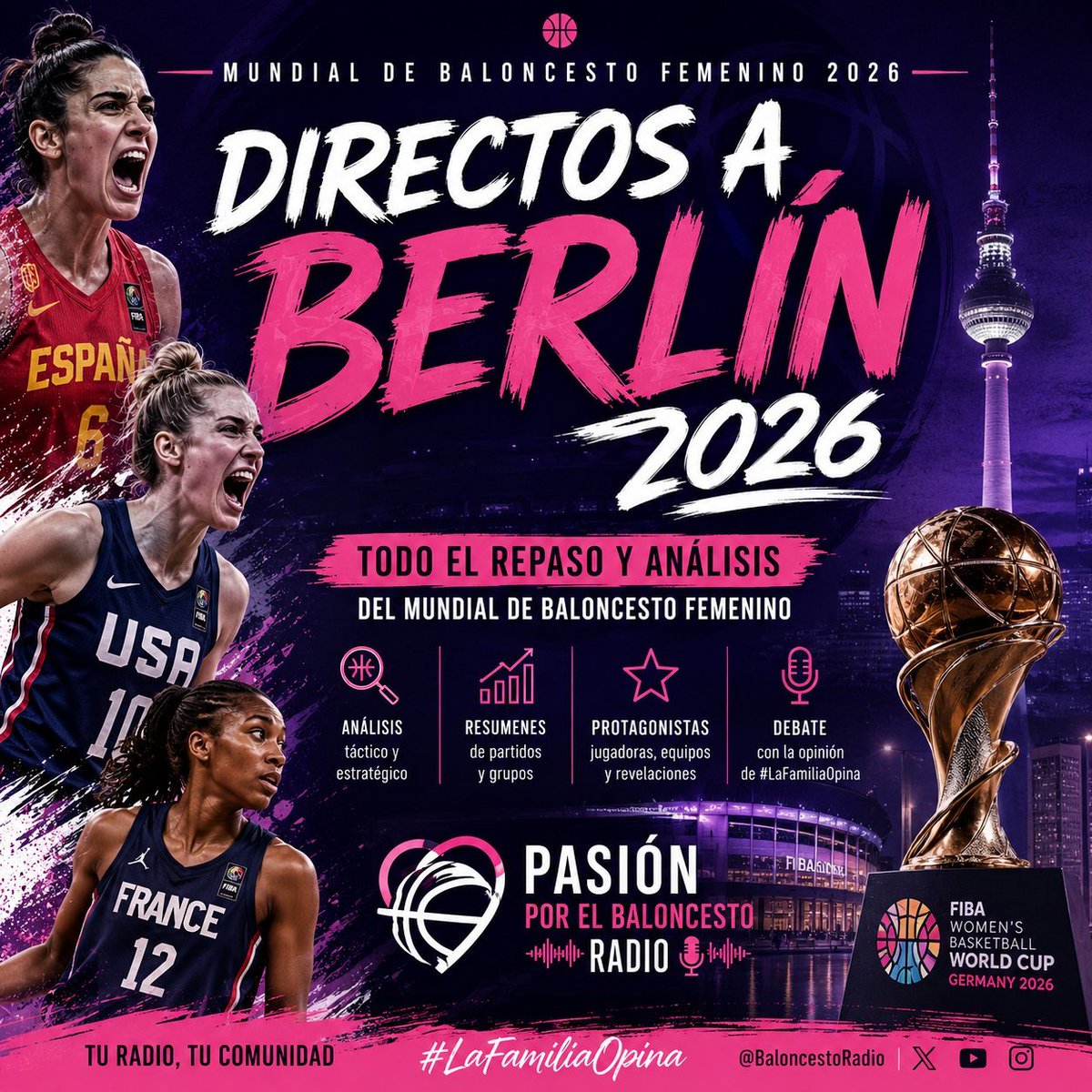BaloncestoRadio's tweet photo. Está noche a las 23:00h en www https://t.co/7p4D5lOsSl
Repasaremos lo ocurrido en las semifinales y en la lucha por las medallas del @FIBAWWC 2026.
#SelFEM,#FIBAWWC #WeOwnTheGame,#BasketFem https://t.co/nfZkRuK2to
