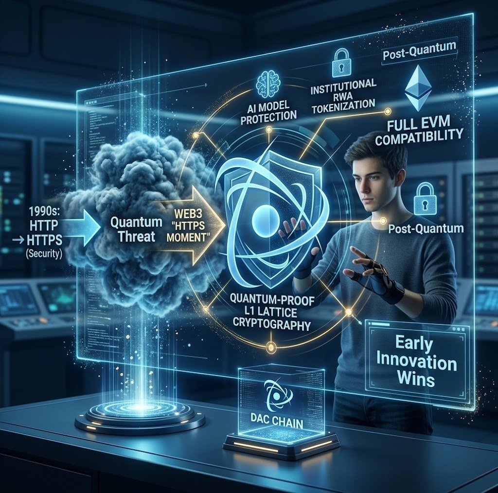 dillahLay's tweet photo. In the 1990s,HTTP became HTTPS for security.
Web3 hits its "HTTPS moment" with Quantum Computing.
@dac_chain builds quantum-proof L1 infrastructure today while keeping EVM access.
Early innovation wins. https://t.co/ChvxCAWkv2