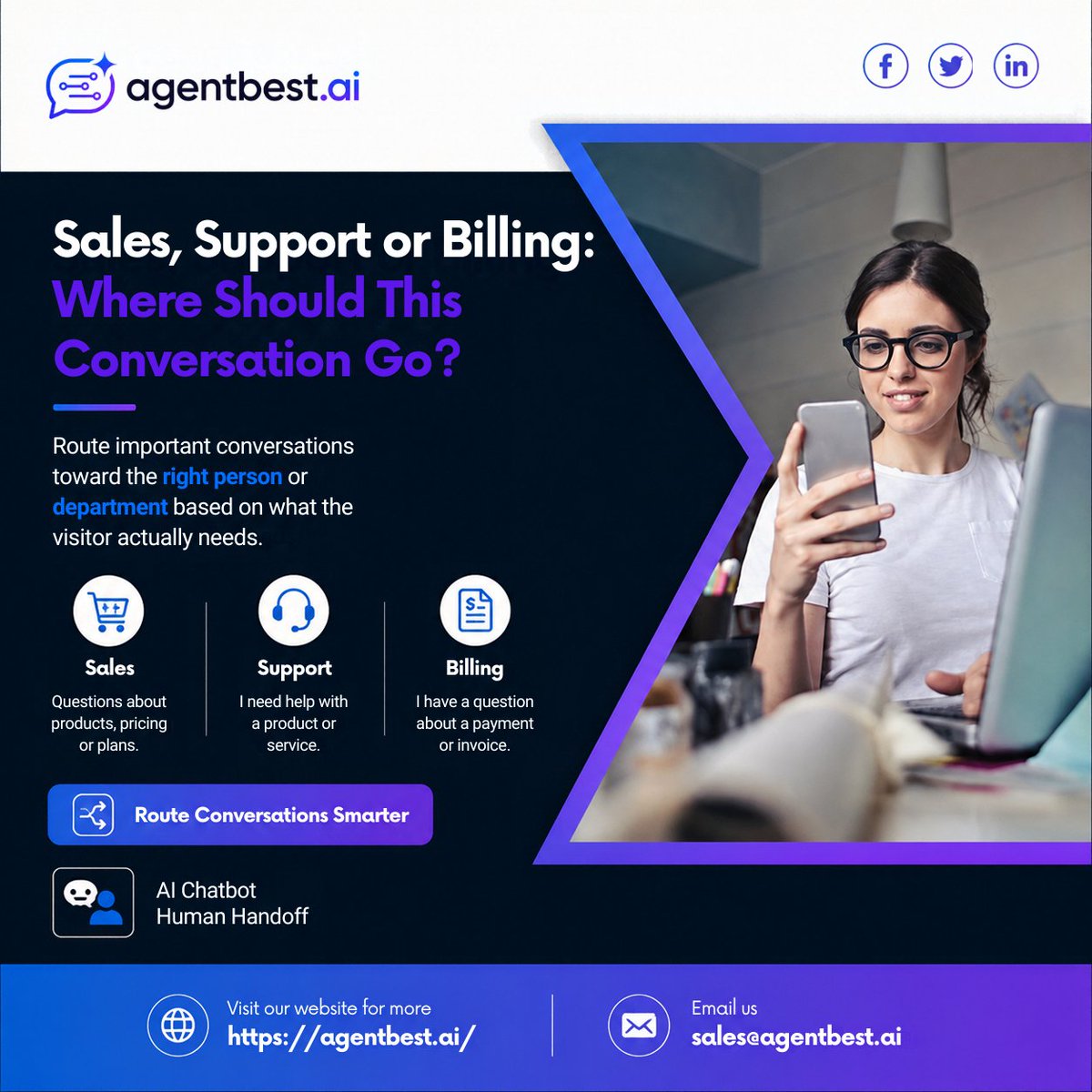AgentBestAI's tweet photo. Sales, support, or billing? The right conversation should reach the right team.

https://t.co/bRp7HKBqbG helps route visitors based on what they actually need.

#AIAgent #CustomerSupport #AgentBestAI https://t.co/xS0uX4v020