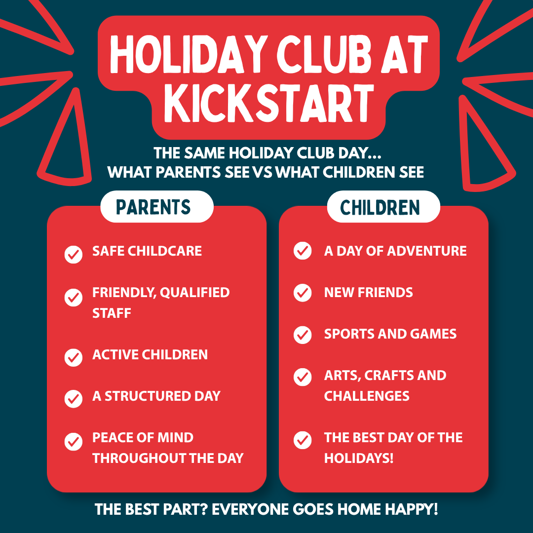 wearekickstart's tweet photo. What parents see vs what children see at Holiday Club!

Parents: safe childcare, qualified staff &amp; peace of mind 

Children: adventure, new friends, sports, games, crafts &amp; FUN! 🤩

The best part? Everyone goes home happy! 🙌

October bookings are OPEN!

#HolidayClub #Kickstart https://t.co/n6xI0quZqS