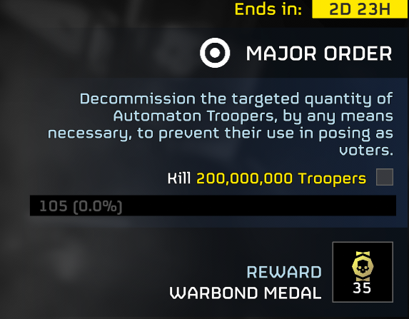 helldivers2's tweet photo. MAJOR ORDER: Evidence of an even more abhorrent Cyborg plot to manipulate the upcoming Quarter-term elections has been discovered. Evidence has been obtained indicating enemy efforts to create Automatons with human-like apperances and speech patterns. These androids, disguised as Super Earth citizens, would then attempt to infiltrate voting centers and cast votes.  

The shocking and vile nature of this plan evidences the extent to which the Cyborg mind has been twisted from their human origins. They cannot be allowed to succeed. The Helldivers are ordered to immediately deploy to destroy 200,000,000 Automaton Troopers, depleting their stock of potential infiltrators.