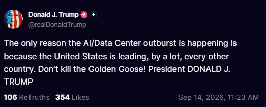 KobeissiLetter's tweet photo. BREAKING: President Trump doubles down on his rejection of AI safety concerns.

"Don't kill the Golden Goose," Trump says. https://t.co/pzctKNURI9