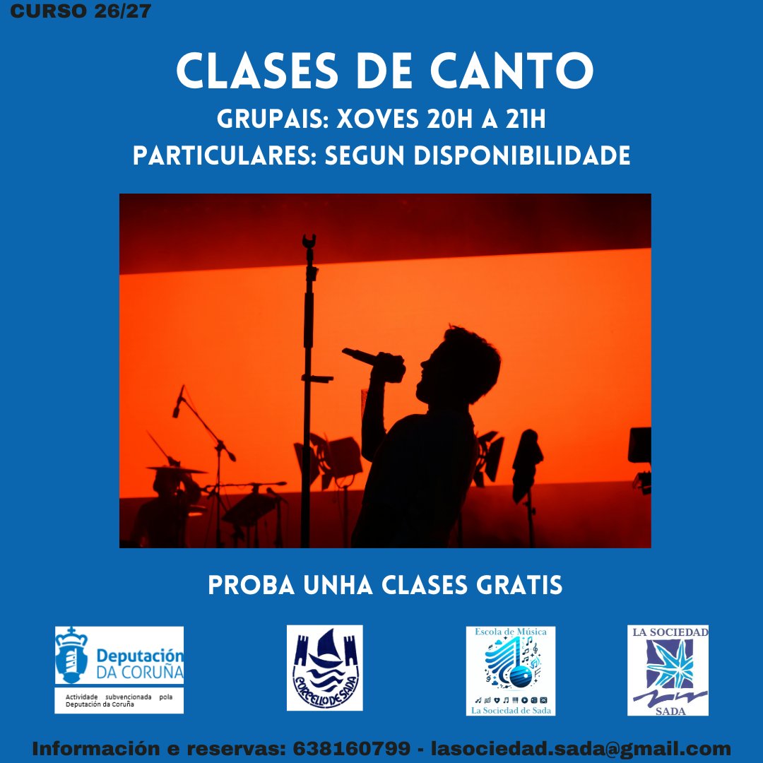 SociedadSada's tweet photo. 🌟Soñas con mellorar a túa voz?
O curso 26/27 xa está aquí!
🌟Escribenos: 638 160 799/ lasociedad.sada@gmail.com
✔️Grupos reducidos
✔️Clases personalizadas
🎁Bono familiar
✨#lasociedadsada #sada #CantoParaTodos
@DACCultura https://t.co/5lUlkNNHAJ