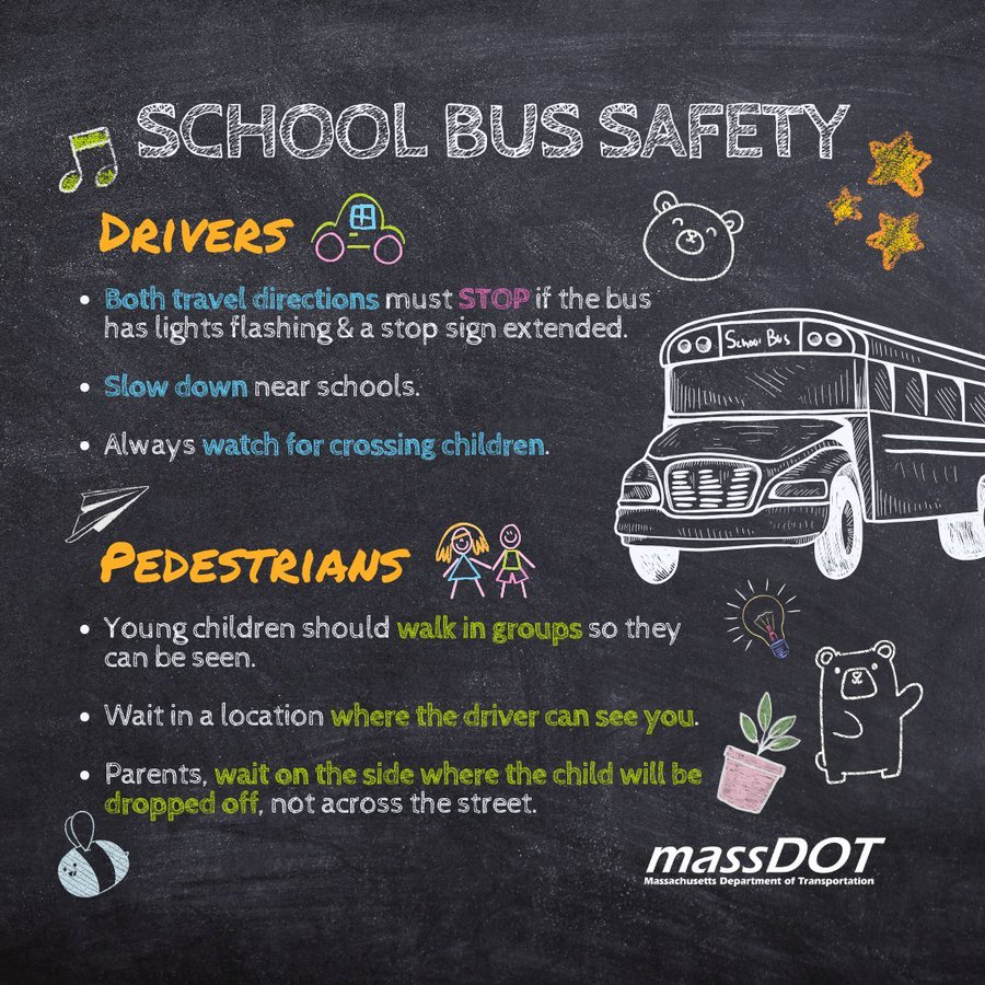 MassDOTSafety's tweet photo. School is back, which means more school buses, more kids, and more reasons to slow down🎒 

Give school buses plenty of space, obey stop signs and flashing lights, and stay alert in school zones💛 https://t.co/kxAn5fUNZV