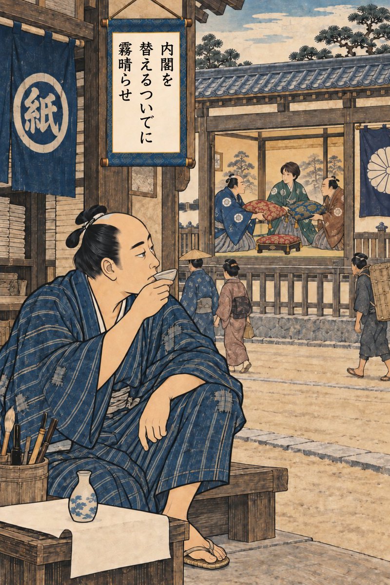 Mar_C_'s tweet photo. 江戸の町民、今日の世相にひと言。

#エド画像川柳 #川柳 #浮世絵
※AIで制作した架空の風刺画です。 https://t.co/WXFa8K9y1W