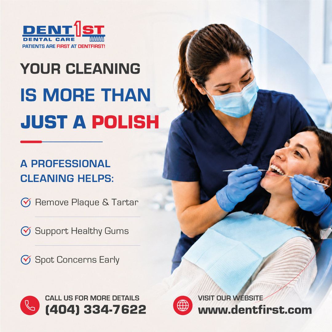 DentFirst's tweet photo. A   dental cleaning is more than a polish. Routine visits help remove plaque and   tartar, support healthy gums and give your dental team a chance to spot   concerns early. #DentalHygiene #DentFirst https://t.co/drEuzGInlL