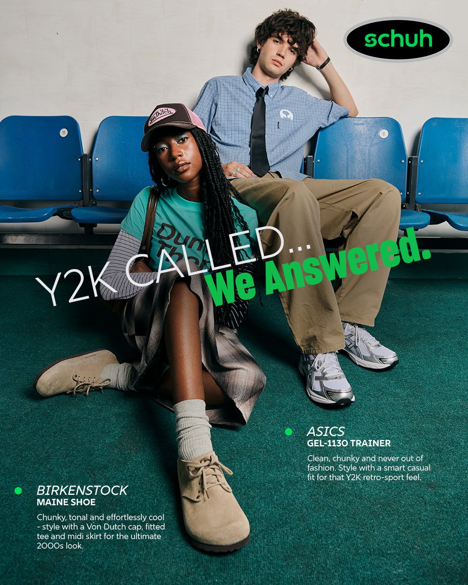 An image of a magazine style page showing two people wearing BIRKENSTOCK and ASICS shoes. One person sits on a blue chair whilst the other sits on a green carpet in front of the chair. Text says "Y2K called... we answered".