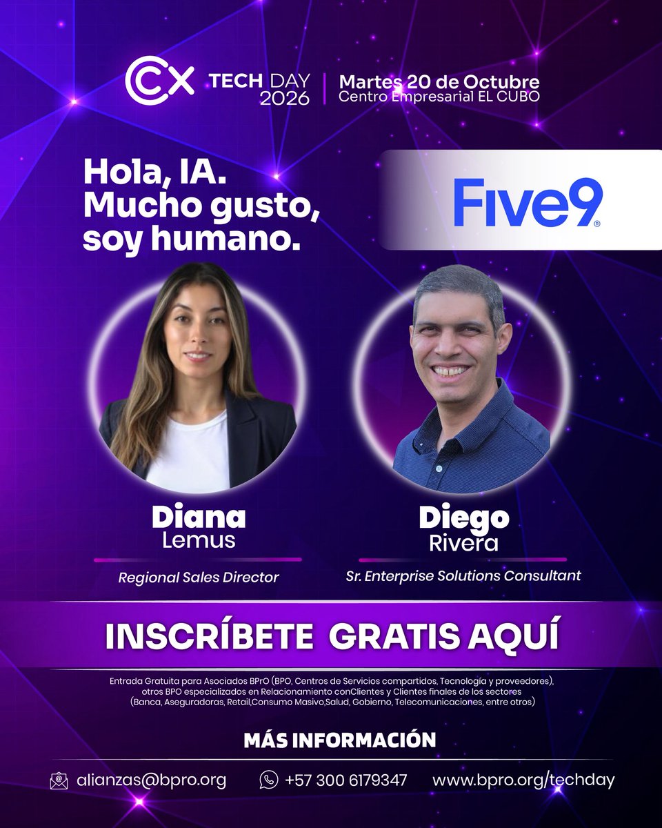 BPrO_org's tweet photo. ¿Y si el futuro del Customer Experience no se trata de elegir entre humanos o IA, sino de entender cómo pueden trabajar juntos?

En el #Techday2026, Diana Carolina Lemus  y Diego Rivera de Five9 nos llevarán a explorar esta conversación y los nuevos escenarios que plantea la Inteligencia Artificial. 

📅 20 de octubre | 📍 Centro Empresarial El Cubo
🎟️ Entrada gratuita para asociados BPrO.

¡Inscríbete en el link de la descripción!

@anakarinaqa 

#CXTechDay2026 #BPrO #Five9 #IA
