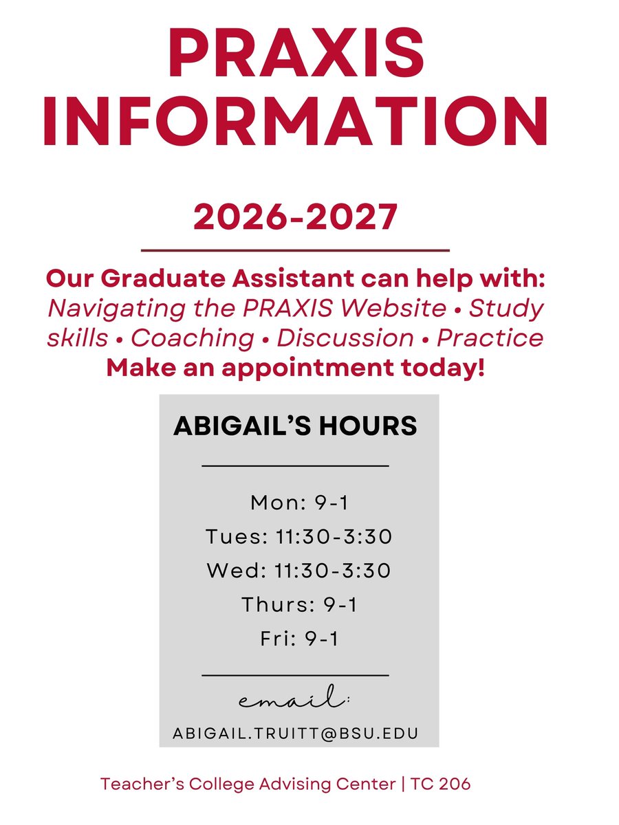 TCAdvising's tweet photo. Hi everyone! Schedule an appointment today for help with the Praxis! https://t.co/ViaCpi4YOc