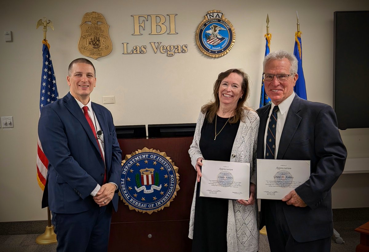 FBILasVegas's tweet photo. On the 25th anniversary of September 11, #FBILasVegas welcomed retired EAD Grant Ashley and his wife, Linda. Mr. Ashley, who served as Special Agent in Charge during that time, shared reflections on the resilience, unity, and strength demonstrated in the aftermath of the tragedy."
#NeverForget