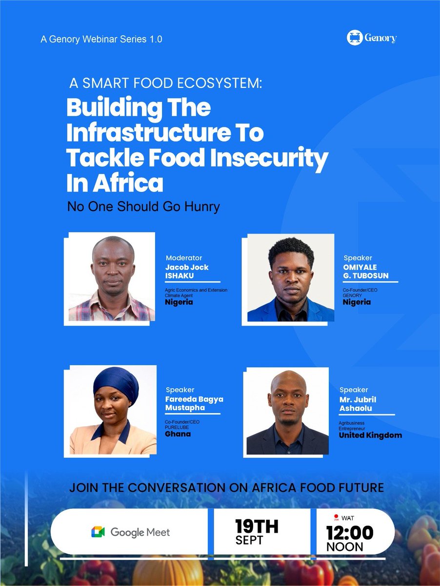 genoryhq's tweet photo. Africa’s food future needs more than good intentions.

It needs infrastructure, innovation, collaboration, and people willing to build solutions that work.

On Saturday, 19 September, Genory brings together voices from agribusiness, food innovation, technology, https://t.co/CTpBbKz8ZR