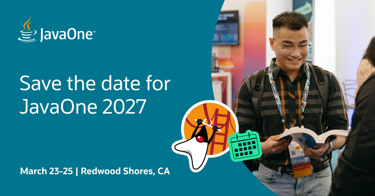 mrrodrigues76's tweet photo. Mark your calendars for #JavaOne 2027! Join the Java community in Redwood City, CA for three days of technical sessions, hands-on labs, and insights from the experts shaping Java. Get more info: https://t.co/e7UuUneBX1 https://t.co/VGKxeLpF6f