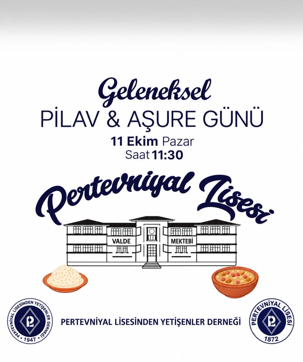 pertevniyalden's tweet photo. 💙 *Yaklaşıyor… Pilav ve Aşure Günümüz!* 

Bazı buluşmalar vardır; sadece aynı sofraya değil, aynı hatıralara otururuz.

Yıllar geçer, sınıflar değişir, sıralardan yeni kuşaklar geçer… Ama o kapıdan içeri girdiğimizde hepimiz yeniden Pertevniyalli oluruz. https://t.co/6AGl2l3nzD