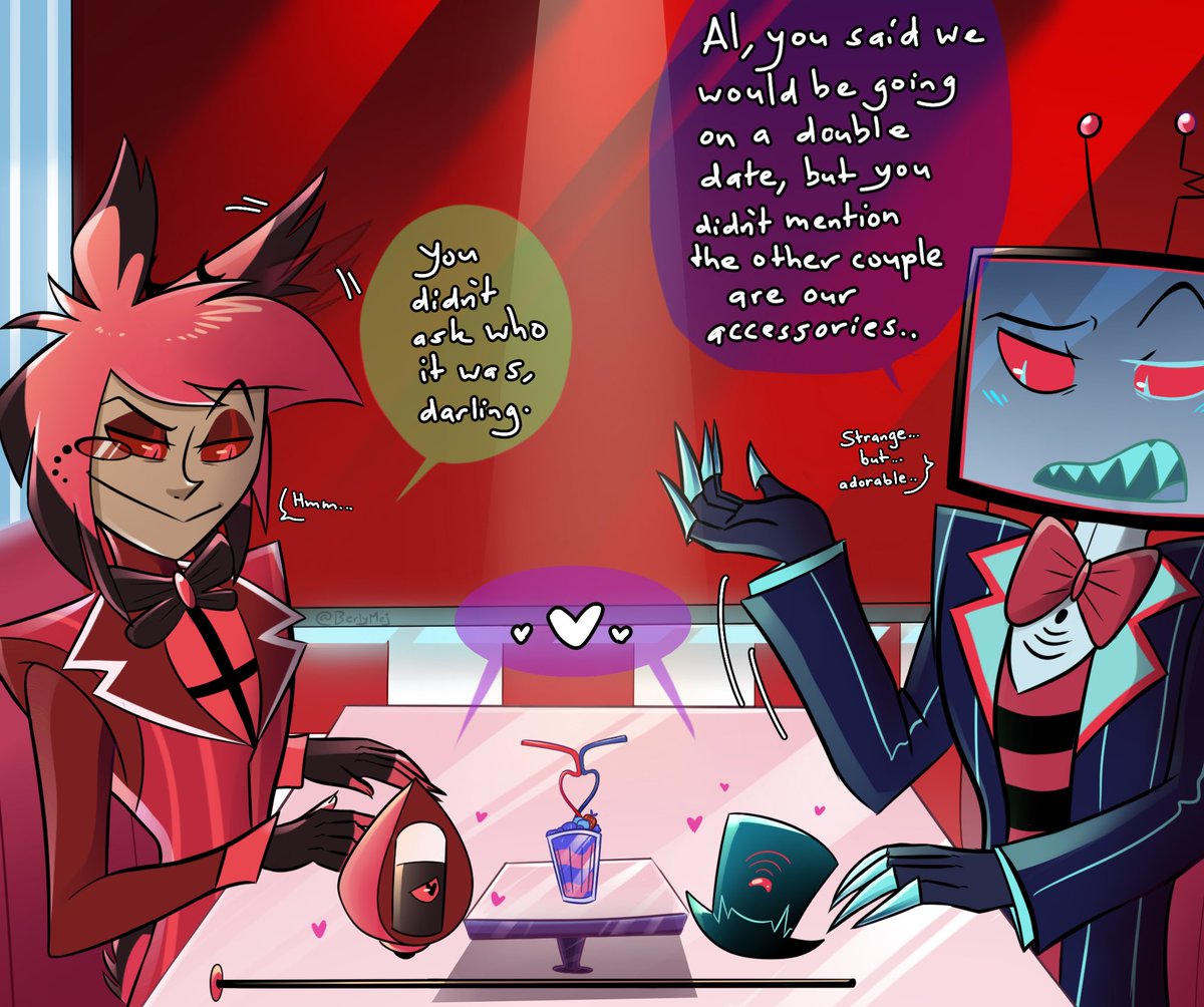 BerlyMej's tweet photo. My first submission for #UnusualRSweek Day 1: #StaffStatic (known as StaffHat)
Mic and Hatty are on a double date with Vox and Alastor 🤭 to which Vox finds a bit strange~
#HazbinHotel #RadioStatic #StaticRadio #VoxAl #Vox #Alastor #StaffHat #HatStaff https://t.co/bCDSMswXpW